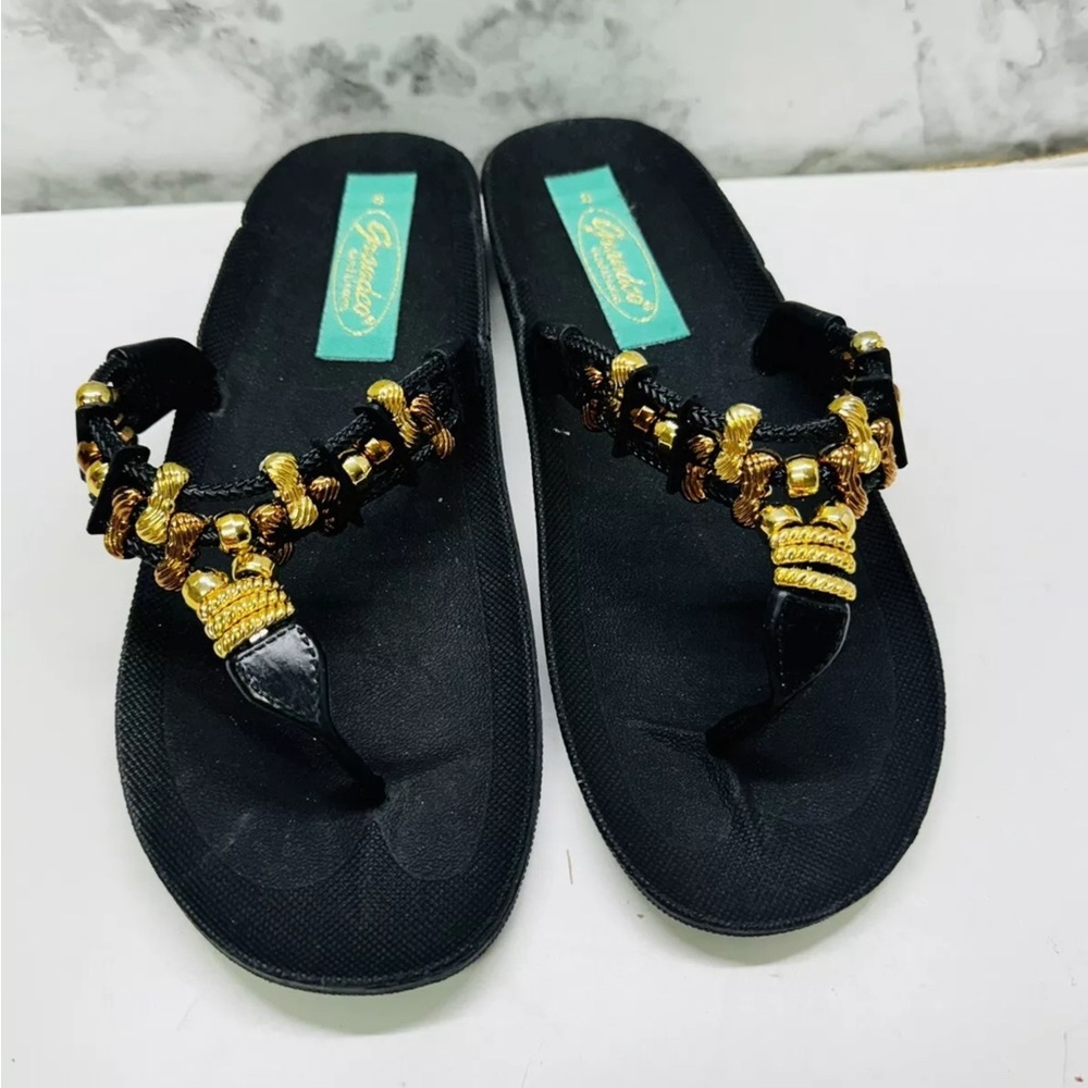 Grandco Womens Sandals Size 8 Black Gold Beaded Thong Slip On Flip Flops